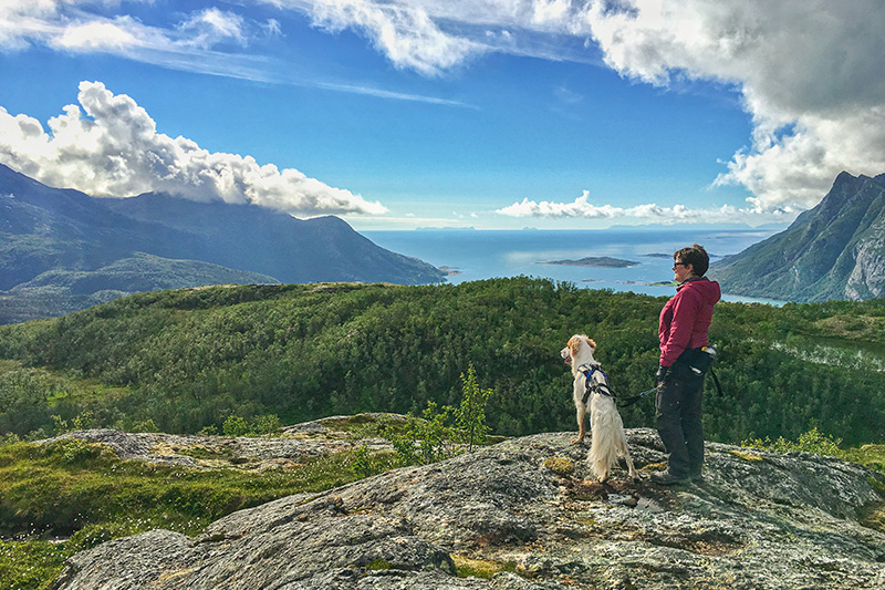 Opp til Finnkonnakken. Foto: Emma Andrea Sørensen Dame og hund på fjelltur